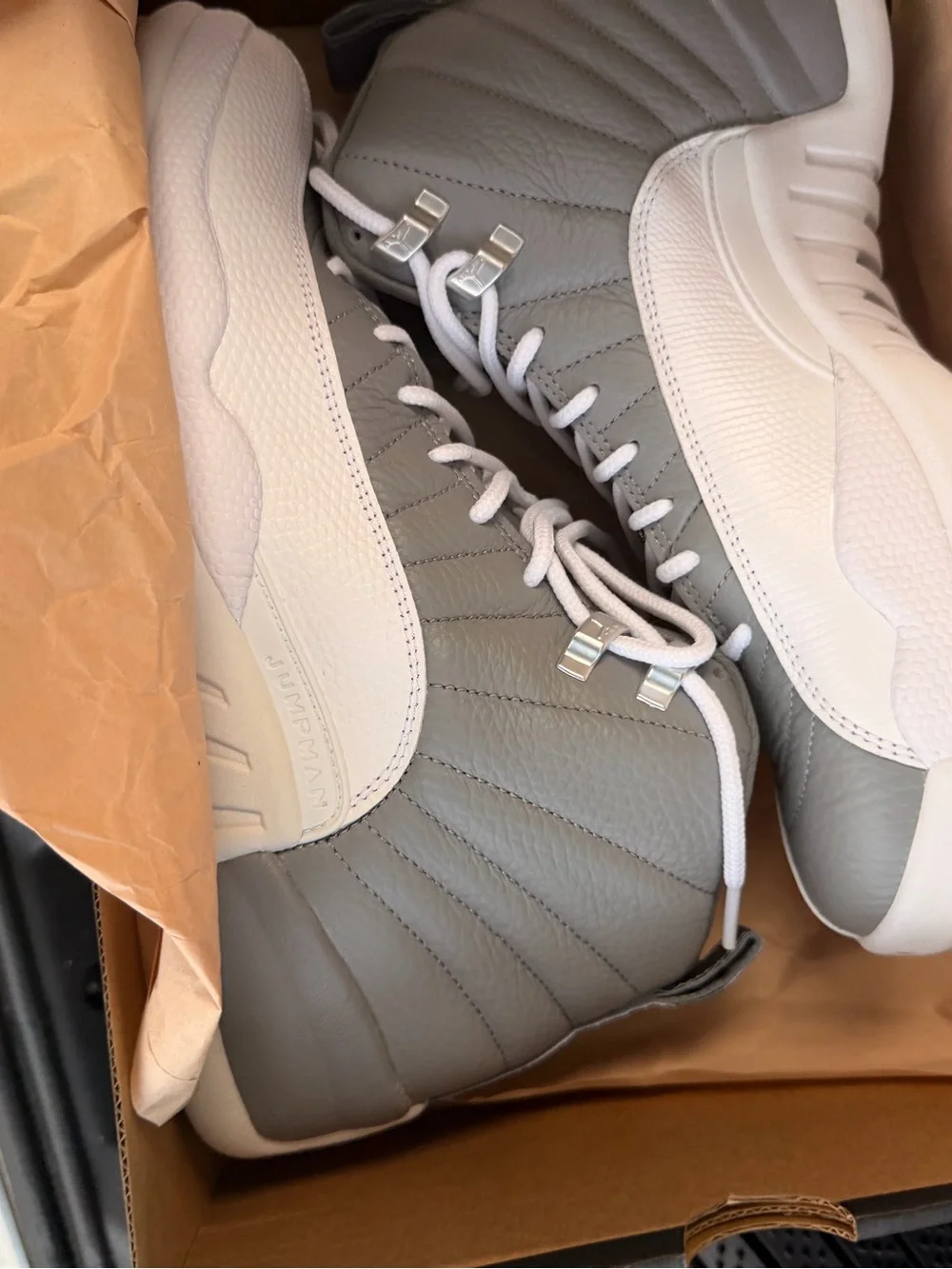Men's Grey and White Jordan 12 Basketball Sneakers